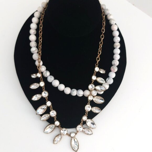 Anthropologie Necklace Boho Chic Double Strand Natural Stone Gold Rhinestones - Picture 1 of 11